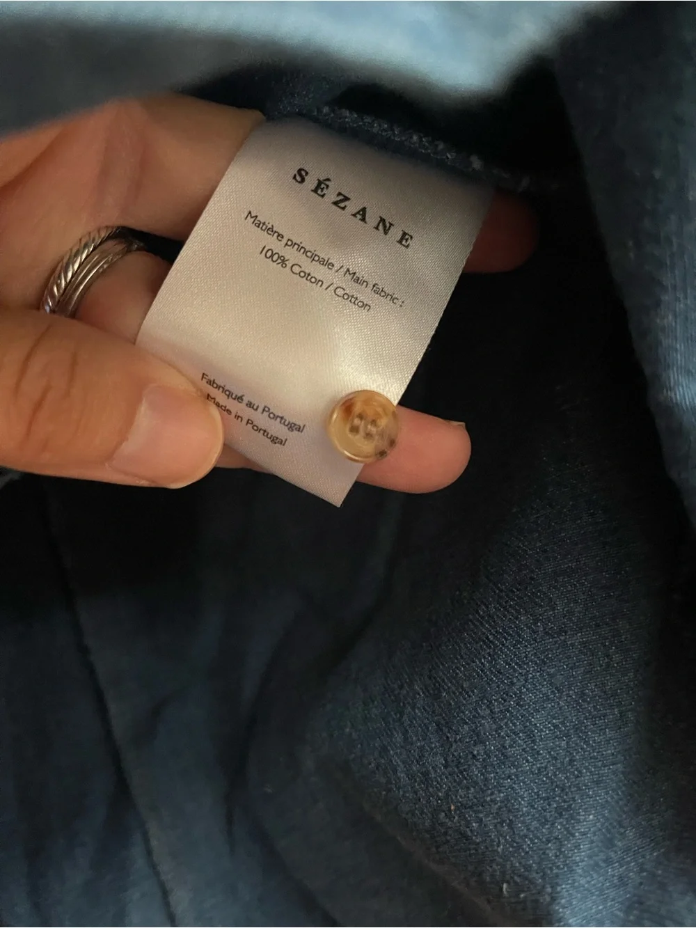 Sezane Denim Ruffle Front Button-Up Blouse - Blue - Picture 3 of 4